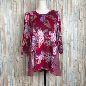Logo Lori Goldstein L Red Botanical Asymmetric Chiffon Hem Mixed Print Knit Top